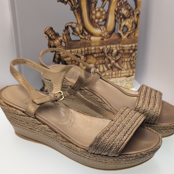 Austin Nights, Stuart Weitzman Metallic Raffia Flatty Wedges sz 8 - Picture 2 of 10